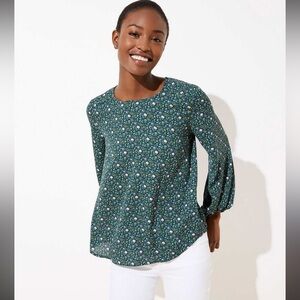 LOFT Ditsy Bloom Draped Sleeve Top Keyhole Button Office Core Floral Dark Green
